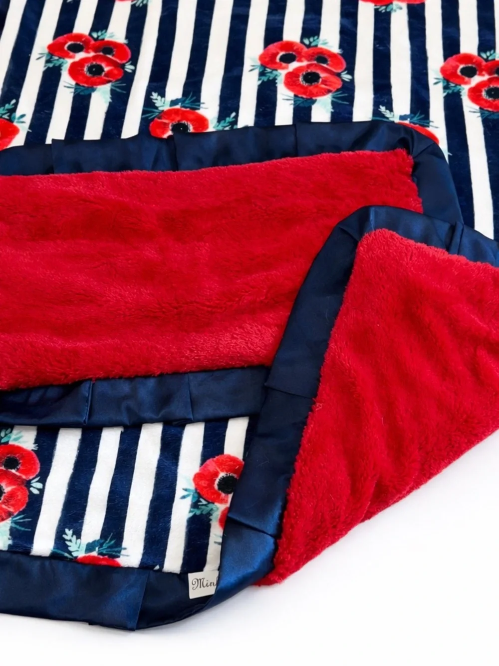 Minky Couture Blanket Set/Lot/Bundle of 2, Infant and Mini Lovey Red Floral Navy